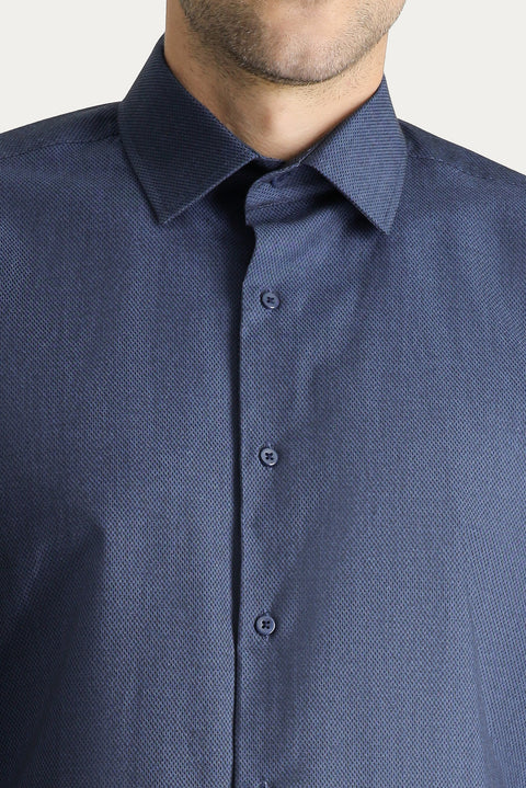 Dark Navy Long Sleeve Slim Fit Classic Patterned Cotton Shirt