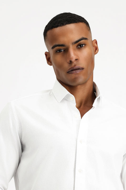 White Long Sleeve Slim Fit Narrow Cut Non-Iron Patterned Classic Cotton Shirt