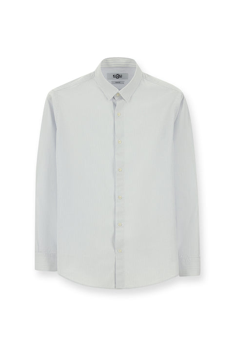 Light Navy Blue Long Sleeve Slim Fit Narrow Cut Patterned Classic Cotton Shirt