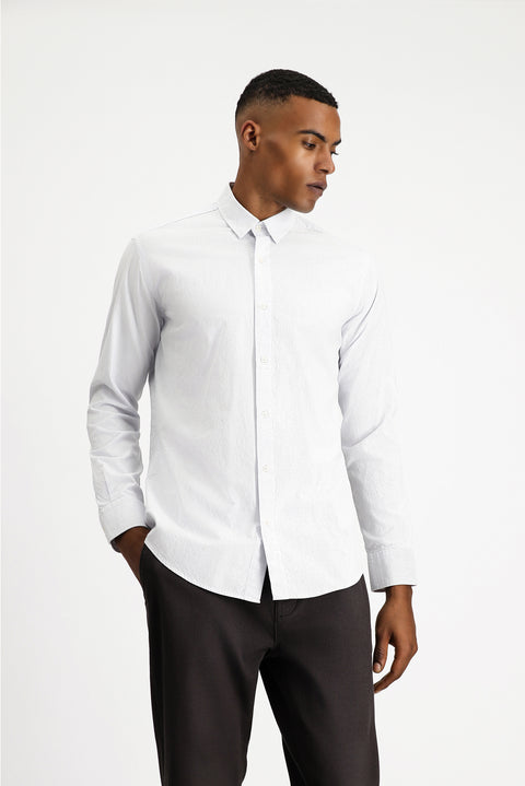 Light Navy Blue Long Sleeve Slim Fit Narrow Cut Patterned Classic Cotton Shirt