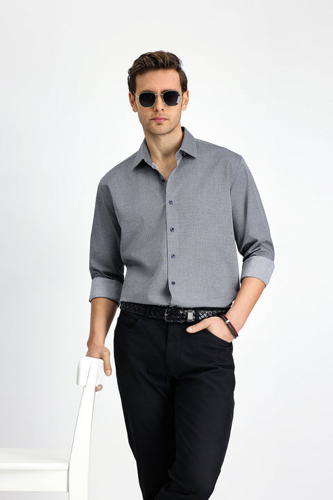 Medium Grey Long Sleeve Slim Fit Narrow Cut Classic Patterned Cotton Shirt
