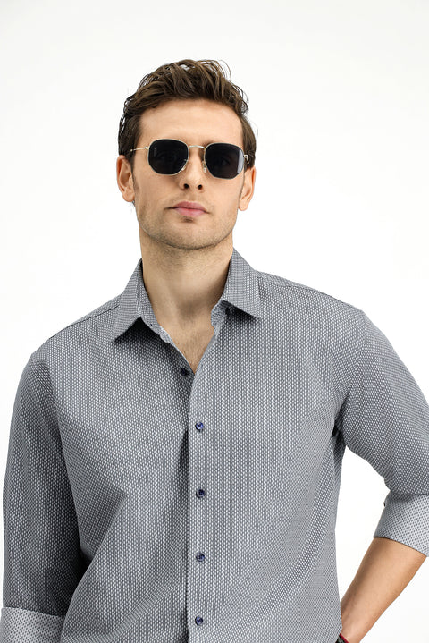 Medium Grey Long Sleeve Slim Fit Narrow Cut Classic Patterned Cotton Shirt