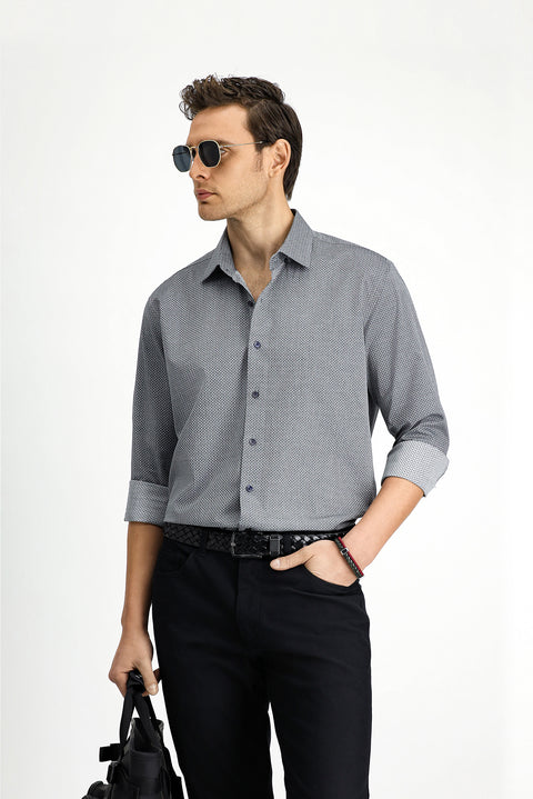 Medium Grey Long Sleeve Slim Fit Narrow Cut Classic Patterned Cotton Shirt