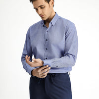 Dark Blue Long Sleeve Slim Fit Narrow Cut Classic Patterned Cotton Shirt