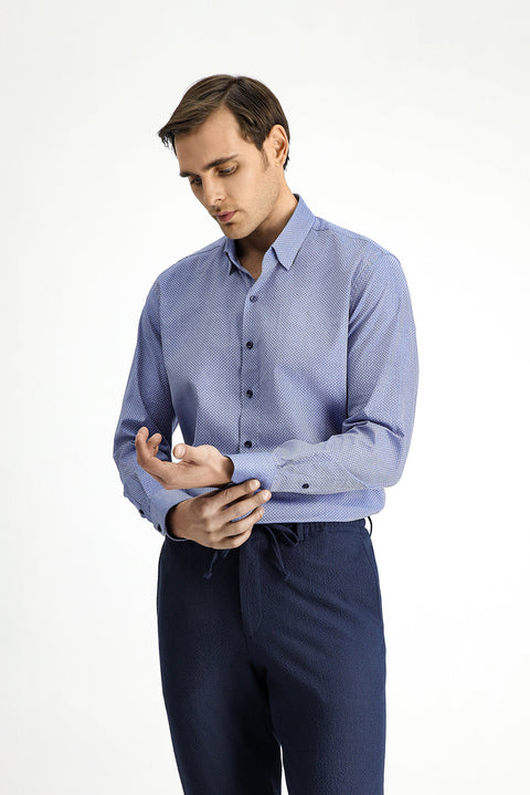 Dark Blue Long Sleeve Slim Fit Narrow Cut Classic Patterned Cotton Shirt