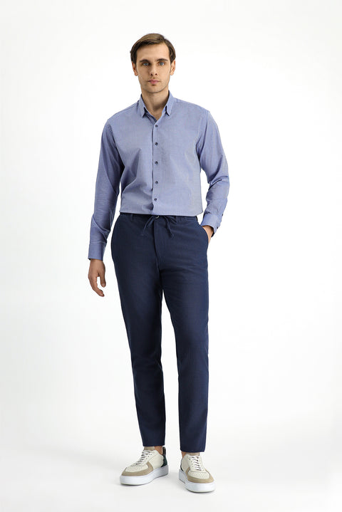 Dark Blue Long Sleeve Slim Fit Narrow Cut Classic Patterned Cotton Shirt