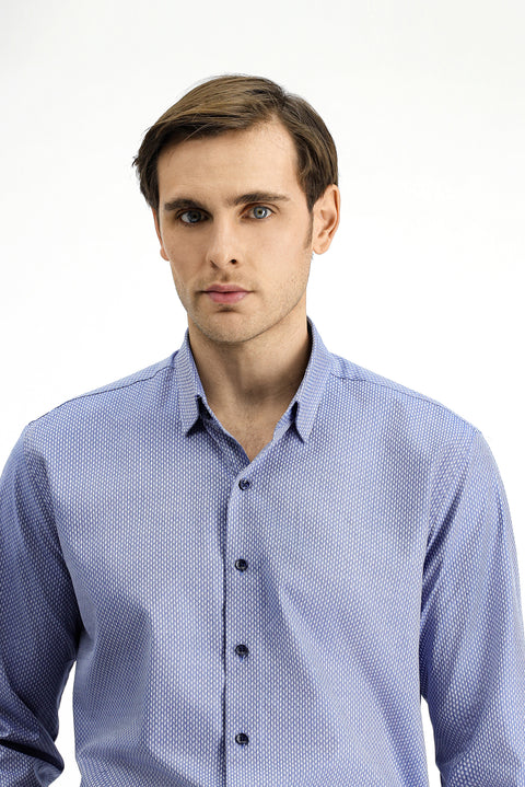 Dark Blue Long Sleeve Slim Fit Narrow Cut Classic Patterned Cotton Shirt
