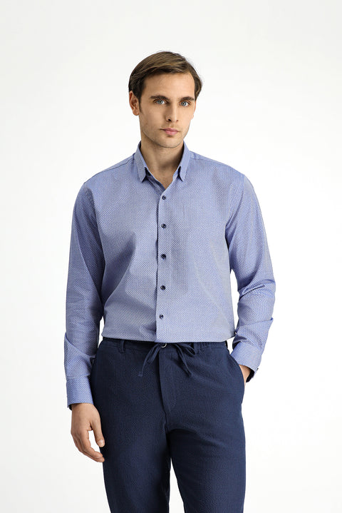 Dark Blue Long Sleeve Slim Fit Narrow Cut Classic Patterned Cotton Shirt