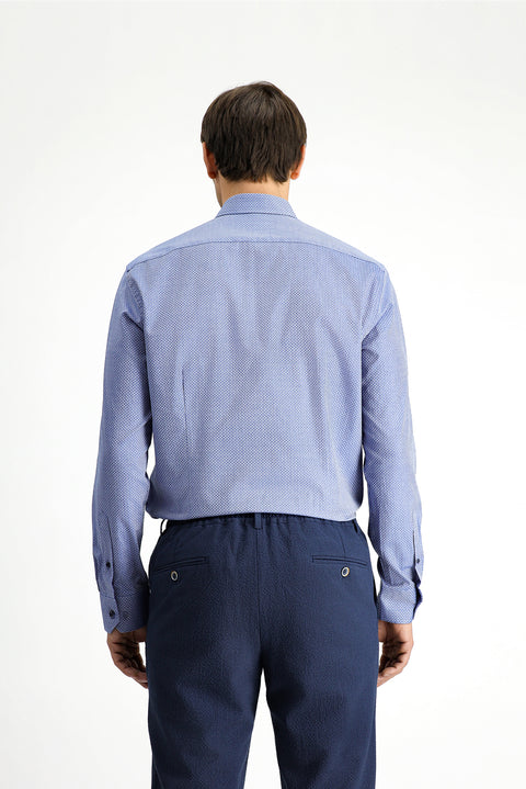 Dark Blue Long Sleeve Slim Fit Narrow Cut Classic Patterned Cotton Shirt