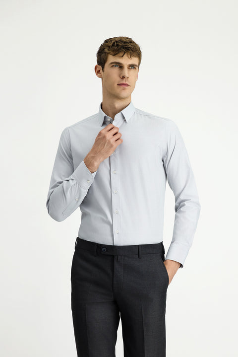 Light Grey Long Sleeve Slim Fit Narrow Cut Classic Patterned Cotton Shirt