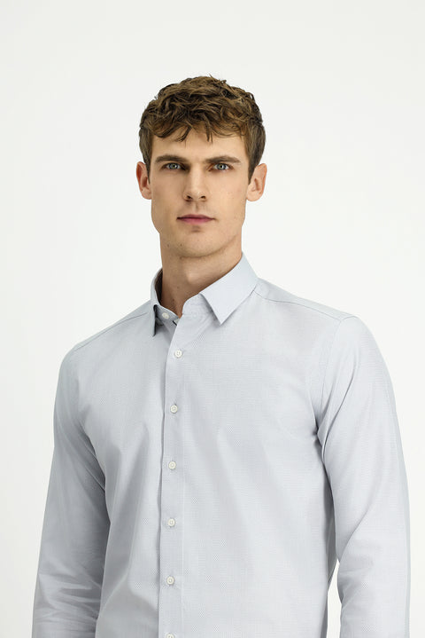 Light Grey Long Sleeve Slim Fit Narrow Cut Classic Patterned Cotton Shirt