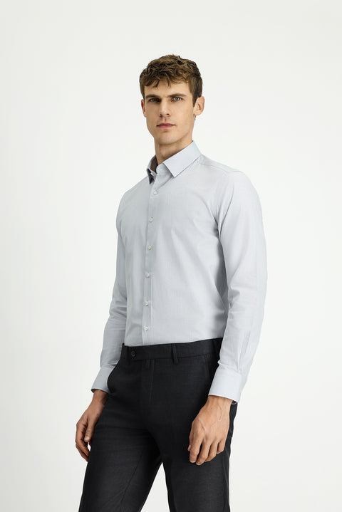 Light Grey Long Sleeve Slim Fit Narrow Cut Classic Patterned Cotton Shirt