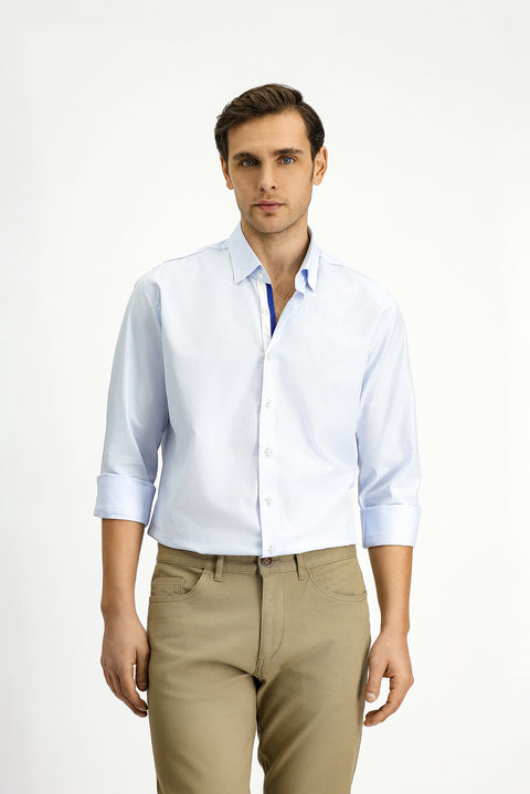Light Blue Long Sleeve Slim Fit Narrow Cut Classic Patterned Cotton Shirt