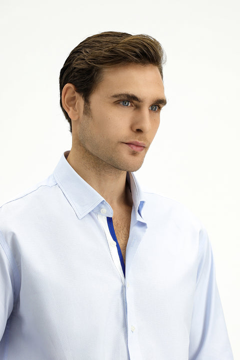Light Blue Long Sleeve Slim Fit Narrow Cut Classic Patterned Cotton Shirt