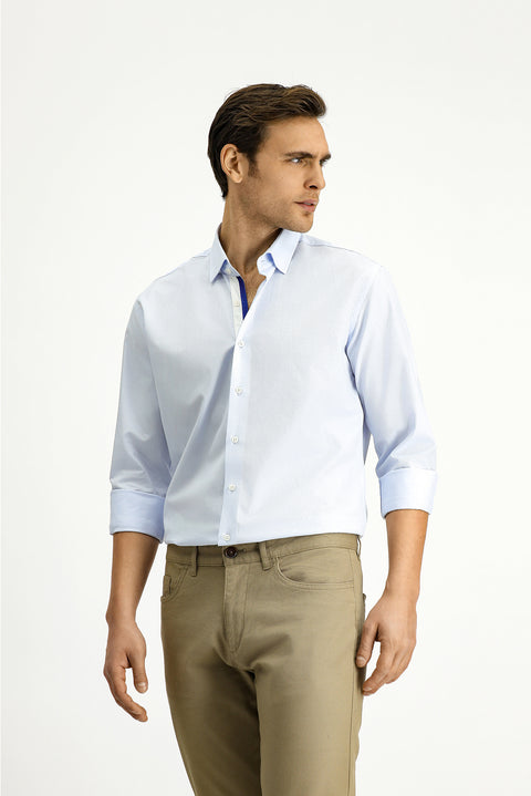 Light Blue Long Sleeve Slim Fit Narrow Cut Classic Patterned Cotton Shirt
