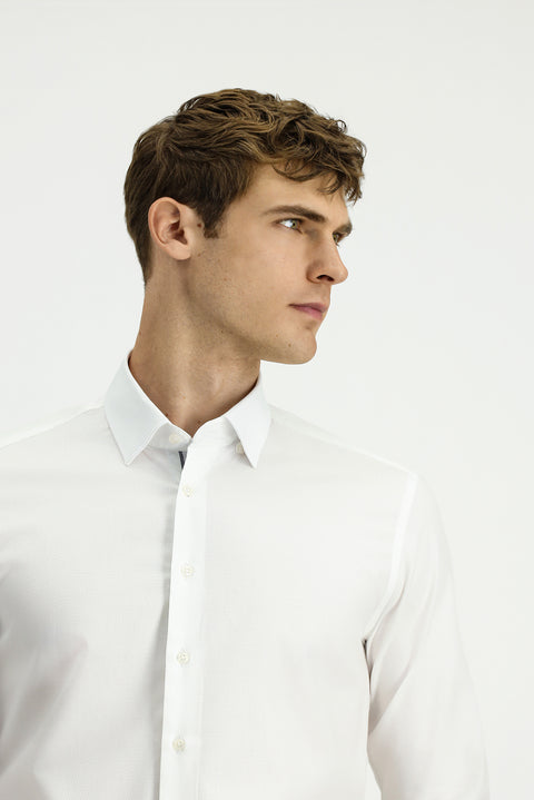 White Long Sleeve Slim Fit Narrow Cut Classic Patterned Cotton Shirt