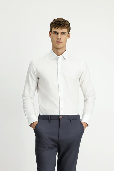 White Long Sleeve Slim Fit Narrow Cut Classic Patterned Cotton Shirt