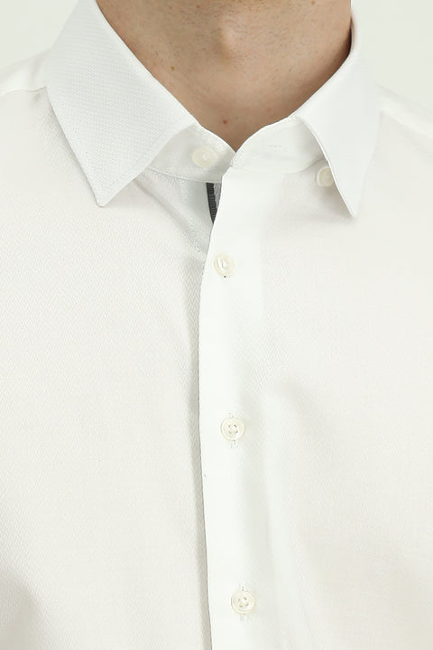 White Long Sleeve Slim Fit Narrow Cut Classic Patterned Cotton Shirt
