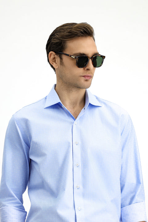 Blue Long Sleeve Slim Fit Narrow Cut Classic Patterned Cotton Shirt