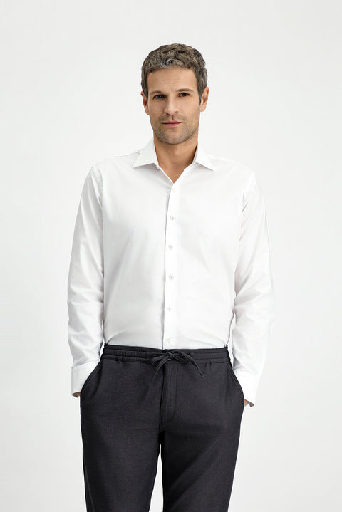 White Long Sleeve Slim Fit Narrow Cut Classic Patterned Cotton Shirt