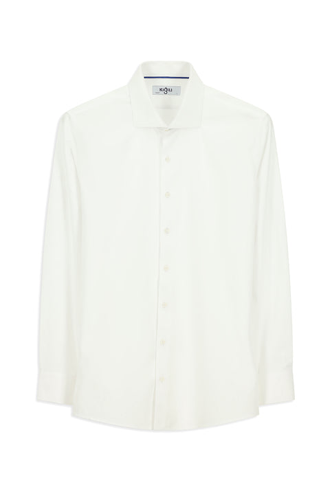 White Long Sleeve Slim Fit Narrow Cut Classic Patterned Cotton Shirt