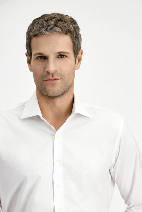 White Long Sleeve Slim Fit Narrow Cut Classic Patterned Cotton Shirt