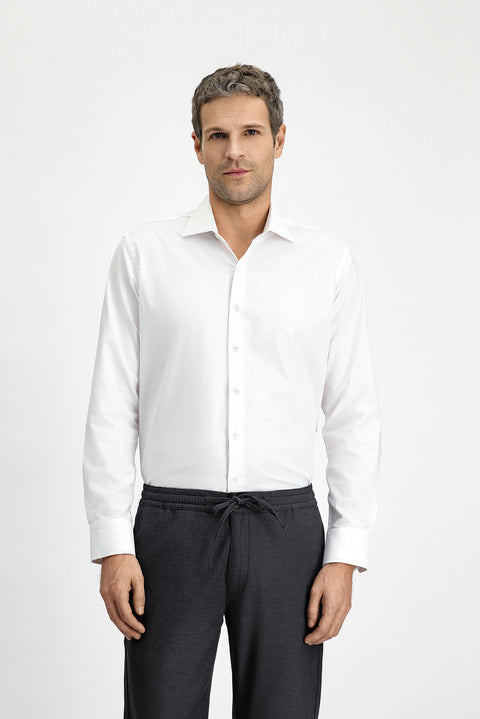 White Long Sleeve Slim Fit Narrow Cut Classic Patterned Cotton Shirt
