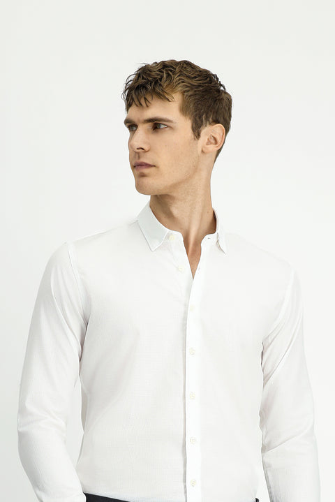White Long Sleeve Slim Fit Narrow Cut Classic Patterned Cotton Shirt