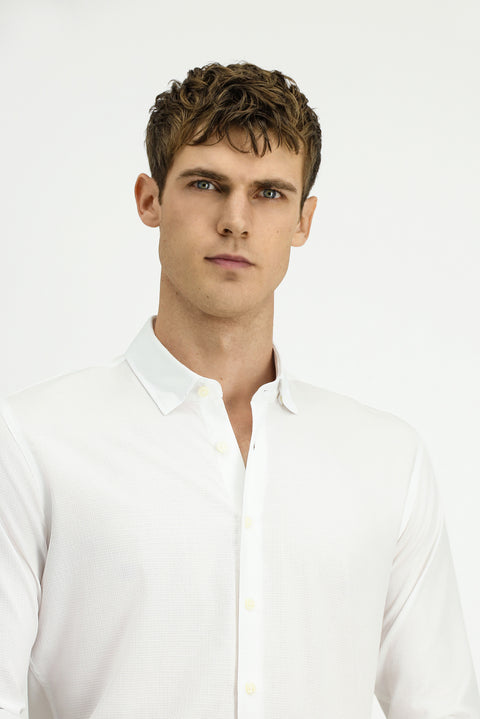 White Long Sleeve Slim Fit Narrow Cut Classic Patterned Cotton Shirt