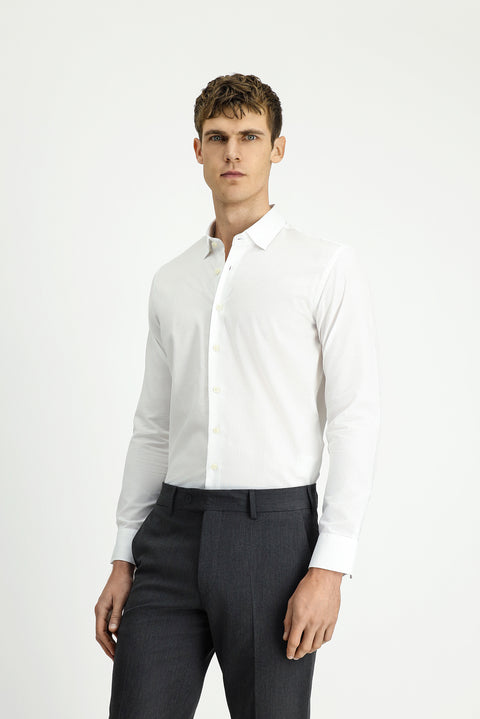 White Long Sleeve Slim Fit Narrow Cut Classic Patterned Cotton Shirt