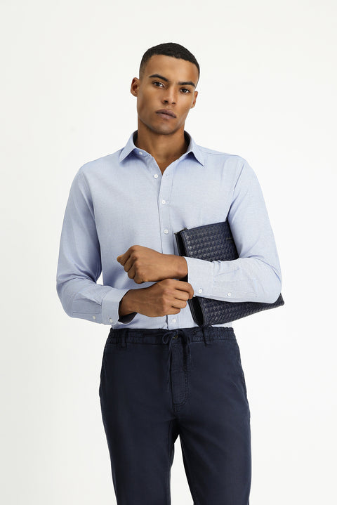 Blue Long Sleeve Slim Fit Narrow Cut Classic Patterned Cotton Easy Iron Shirt