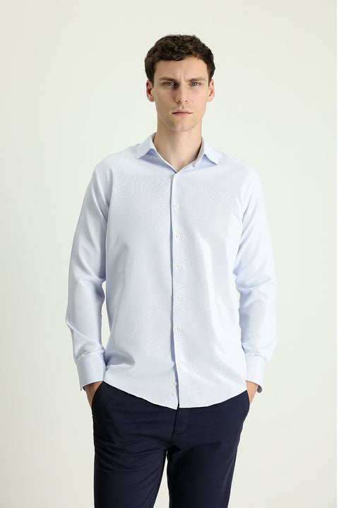 Light Blue Long Sleeve Slim Fit Narrow Cut Classic Patterned Cotton Easy Iron Shirt