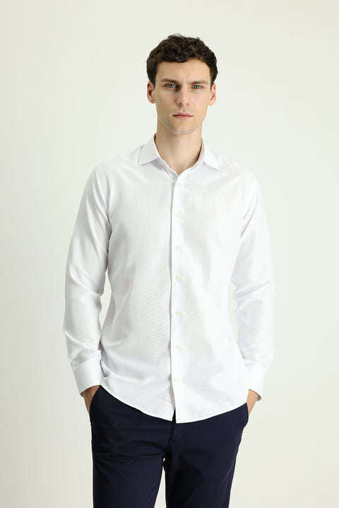 White Long Sleeve Slim Fit Narrow Cut Classic Patterned Cotton Easy Iron Shirt
