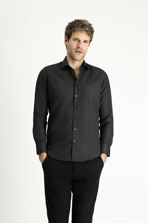Black Long Sleeve Slim Fit Narrow Cut Classic Patterned Cotton Easy Iron Shirt