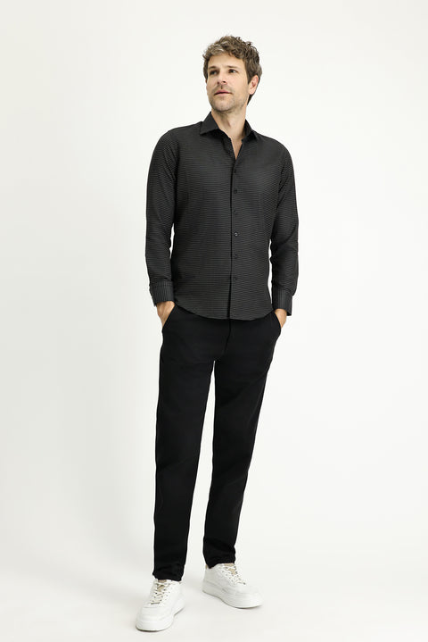 Black Long Sleeve Slim Fit Narrow Cut Classic Patterned Cotton Easy Iron Shirt
