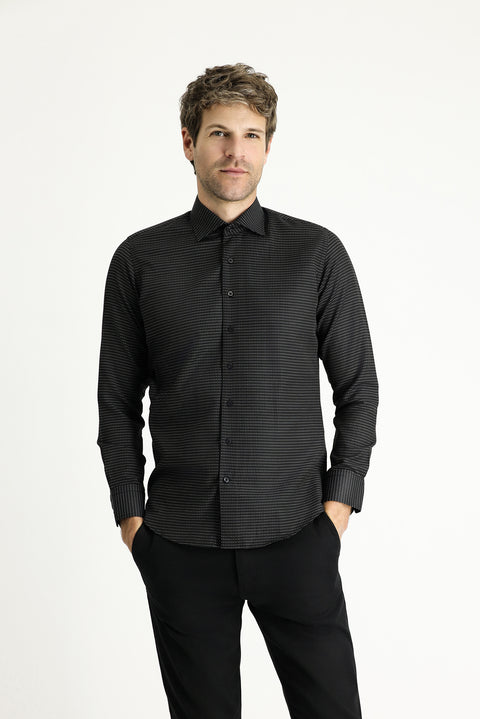 Black Long Sleeve Slim Fit Narrow Cut Classic Patterned Cotton Easy Iron Shirt