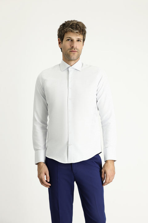 Light Blue Long Sleeve Slim Fit Narrow Cut Classic Patterned Cotton Easy-Iron Shirt
