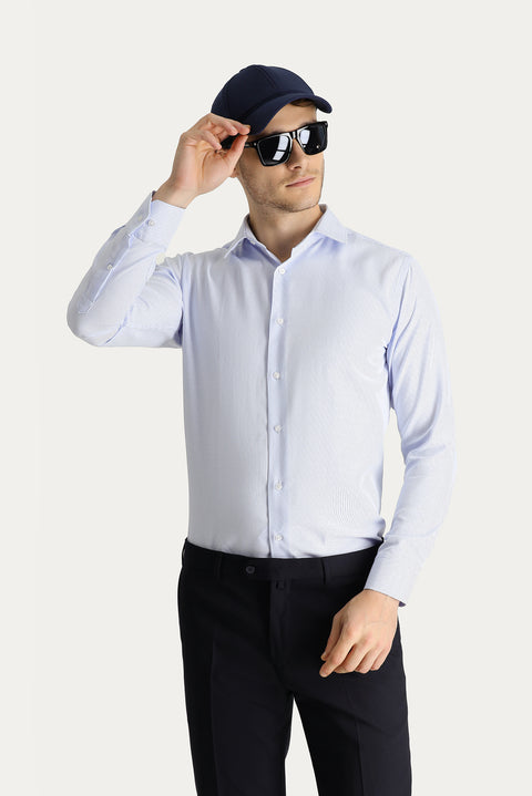 Light Blue Long Sleeve Slim Fit Narrow Cut Non-Iron Patterned Cotton Shirt