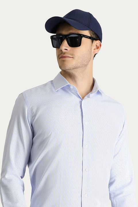 Light Blue Long Sleeve Slim Fit Narrow Cut Non-Iron Patterned Cotton Shirt