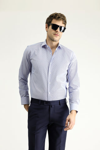  Koyu Mavi  Uzun Kol Slim Fit Dar Kesim Non Iron Klasik Desenli Pamuklu Gömlek