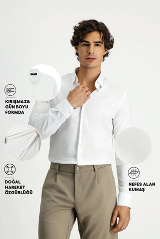 Beyaz Techno-Line Uzun Kol Slim Fit Dar Kesim Pamuklu Desenli Gömlek