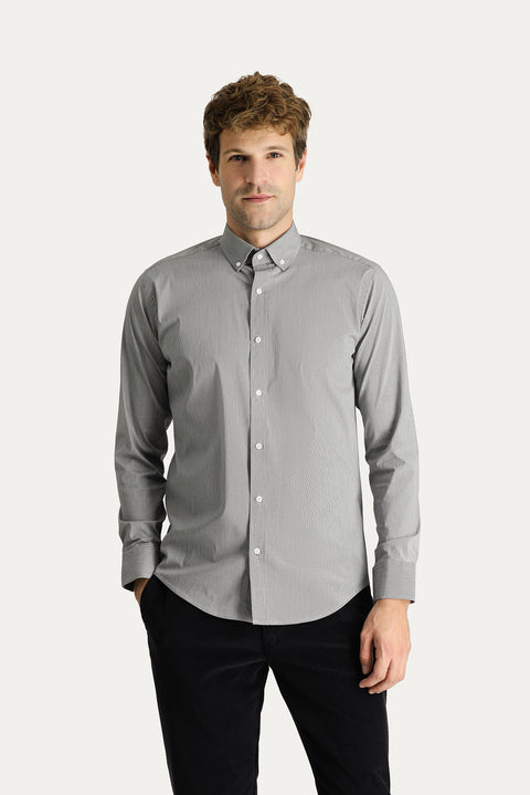 Black Long Sleeve Slim Fit Narrow Cut Patterned Cotton Sporty Easy-Iron Button-Down Collar Shirt