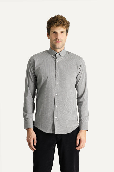 Black Long Sleeve Slim Fit Narrow Cut Patterned Cotton Sporty Easy-Iron Button-Down Collar Shirt
