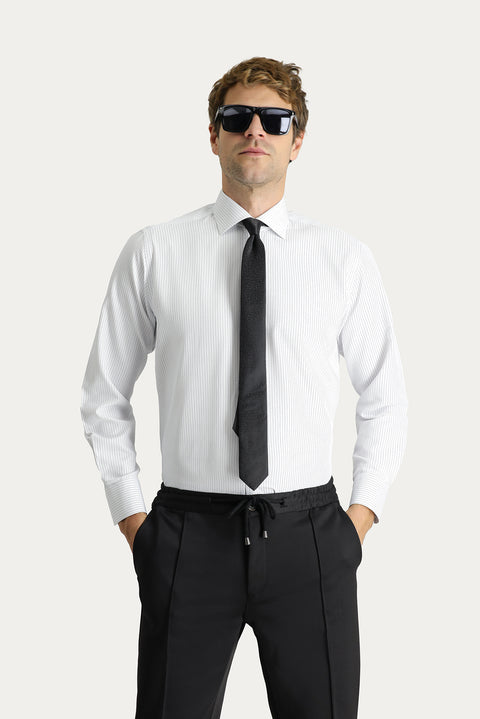 Blue Long-Sleeve Classic Patterned Cotton Easy-Iron Shirt