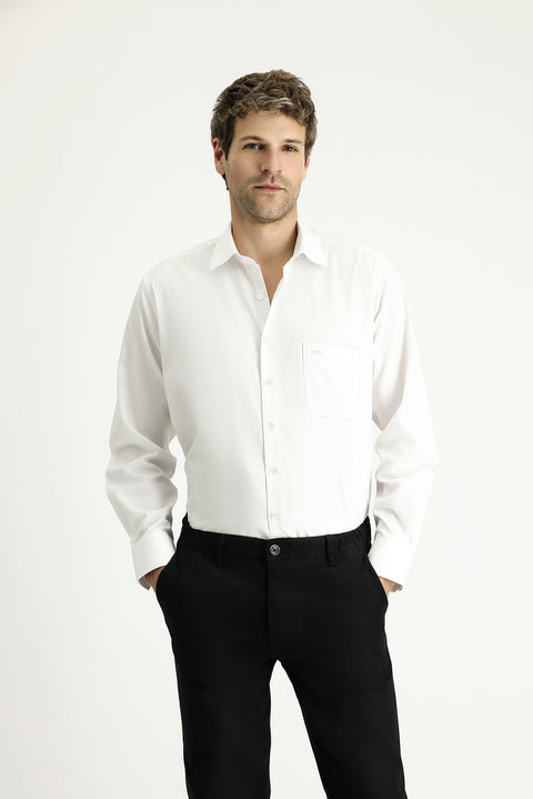 White Long-Sleeve Classic Patterned Cotton Shirt
