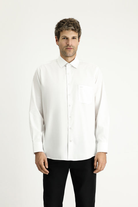 White Long-Sleeve Classic Patterned Cotton Shirt