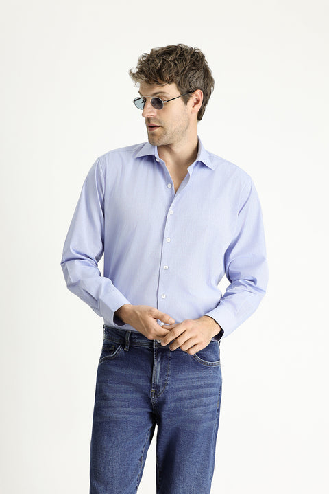 Dark Blue Long-Sleeve Classic Patterned Cotton Shirt