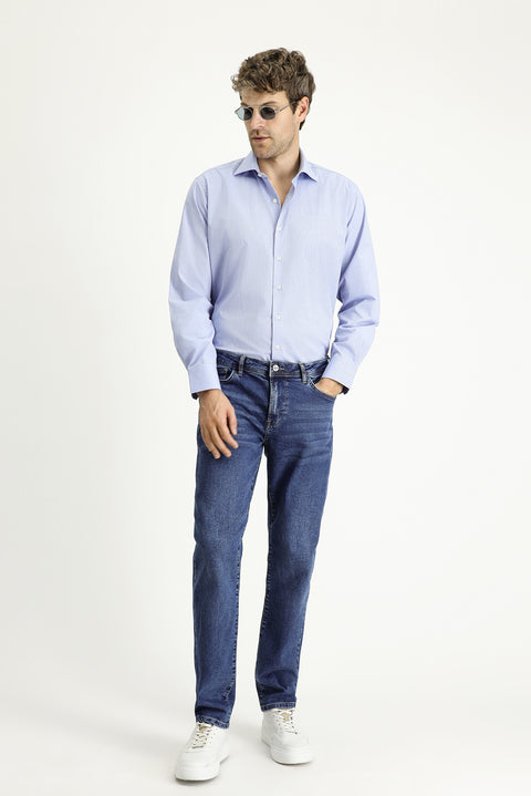 Dark Blue Long-Sleeve Classic Patterned Cotton Shirt