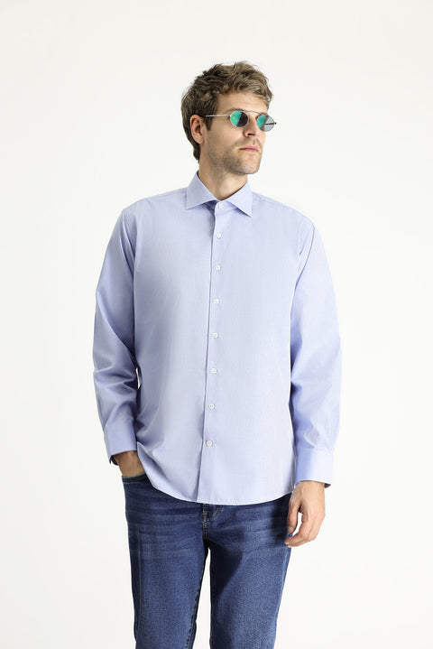 Dark Blue Long-Sleeve Classic Patterned Cotton Shirt