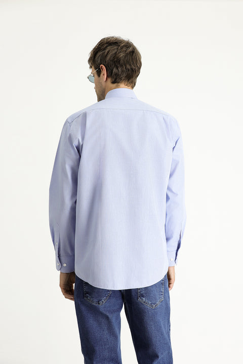 Dark Blue Long-Sleeve Classic Patterned Cotton Shirt